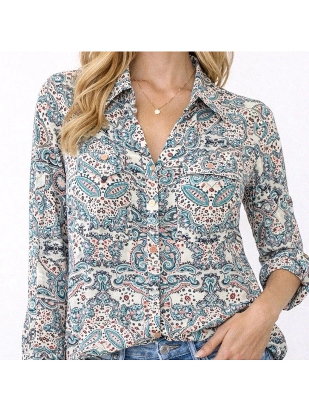 Express Portofino Paisley Shirt XS Slim Fit Button Up Blue Pink Boho
